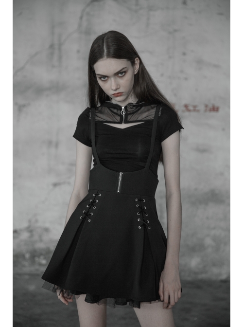 Steam Punk Female Black High Waist Bandage Zipper Braces Skirt