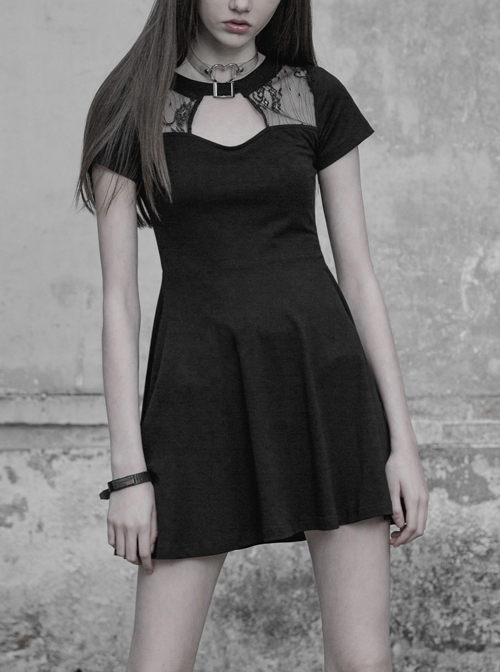 Gothic Female Dark Hollow Lace Stitching Metal Button High Waist Dress