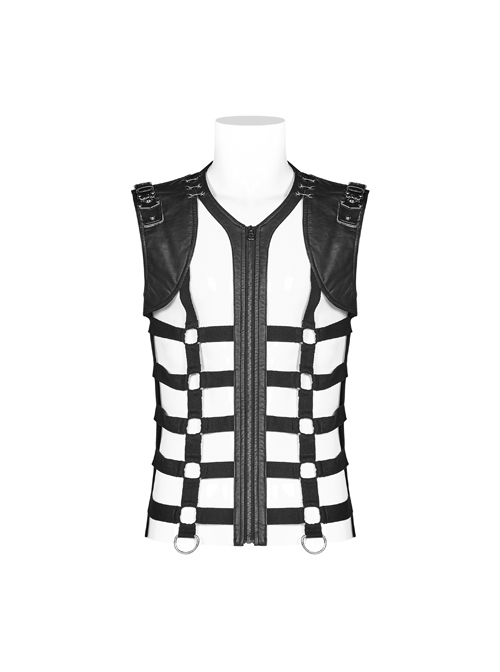 Front Hollow-Out Leather Straps Shoulder Metal Hasp Black Punk Knit Vest
