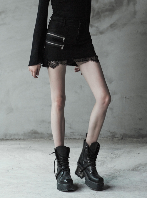 Steam Punk Female Black Elastic Lace Hem Metal Zipper Skirt