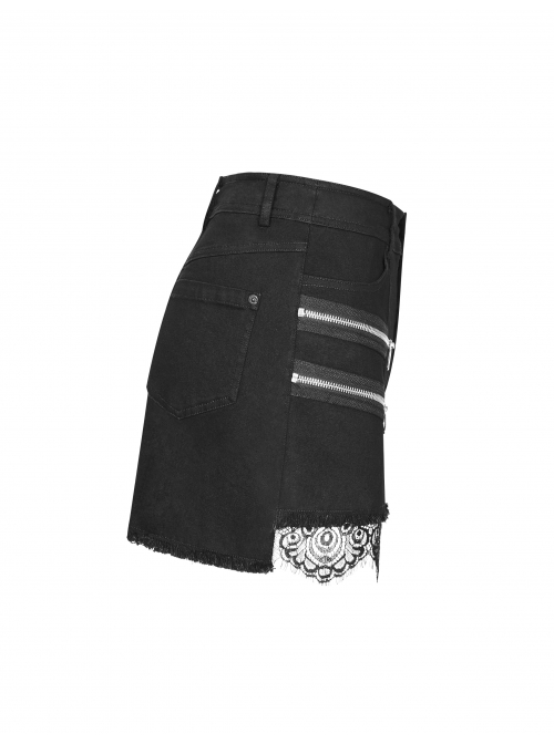 Steam Punk Female Black Elastic Lace Hem Metal Zipper Skirt