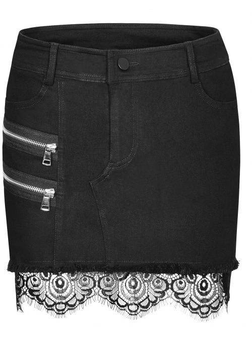 Steam Punk Female Black Elastic Lace Hem Metal Zipper Skirt