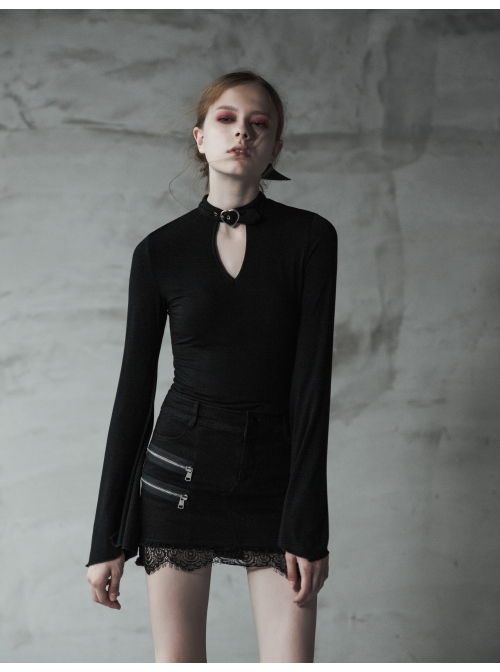 Steam Punk Female Black Elastic Lace Hem Metal Zipper Skirt