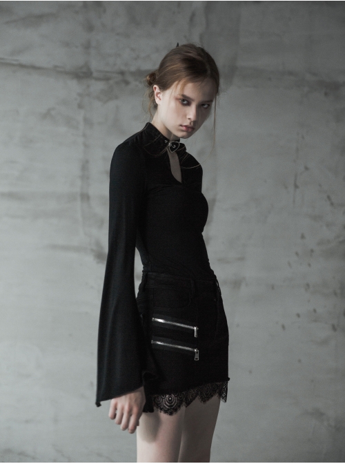 Steam Punk Female Black Elastic Lace Hem Metal Zipper Skirt