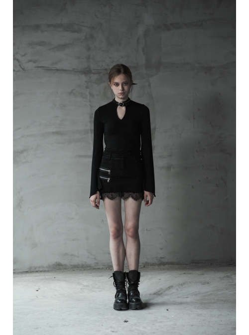 Steam Punk Female Black Elastic Lace Hem Metal Zipper Skirt