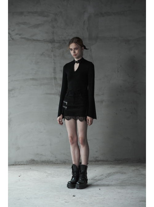 Steam Punk Female Black Elastic Lace Hem Metal Zipper Skirt
