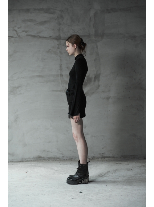 Steam Punk Female Black Elastic Lace Hem Metal Zipper Skirt