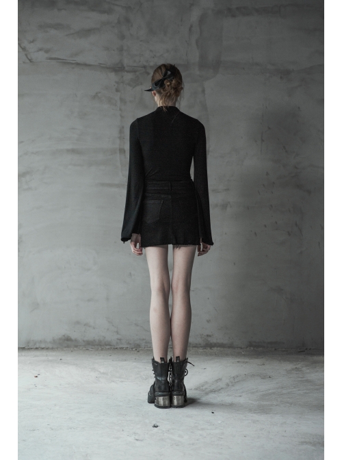 Steam Punk Female Black Elastic Lace Hem Metal Zipper Skirt