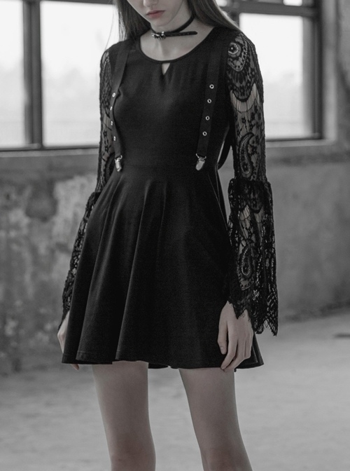 Gothic Female Black Hollow V-neck  Lace Long Sleeves Braces Dress