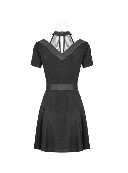 Gothic Female Casual Black Stitching V-neck High Waist Belt Dress