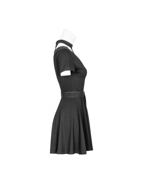 Gothic Female Casual Black Stitching V-neck High Waist Belt Dress