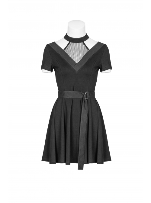 Gothic Female Casual Black Stitching V-neck High Waist Belt Dress