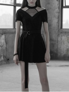 Gothic Female Casual Black Stitching V-neck High Waist Belt Dress