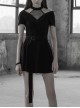 Gothic Female Casual Black Stitching V-neck High Waist Belt Dress