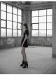 Gothic Female Casual Black Stitching V-neck High Waist Belt Dress