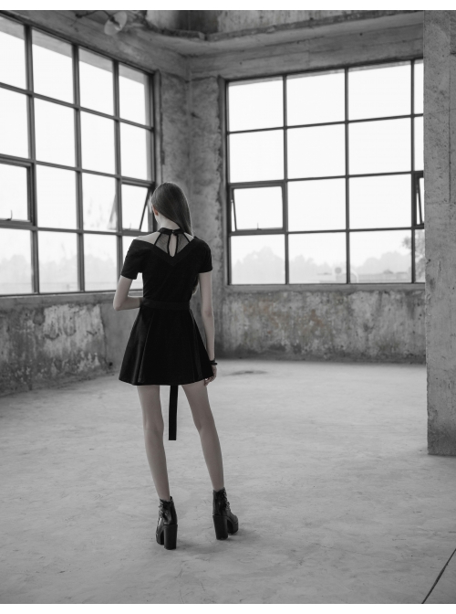 Gothic Female Casual Black Stitching V-neck High Waist Belt Dress