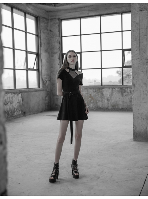 Gothic Female Casual Black Stitching V-neck High Waist Belt Dress