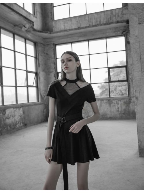 Gothic Female Casual Black Stitching V-neck High Waist Belt Dress