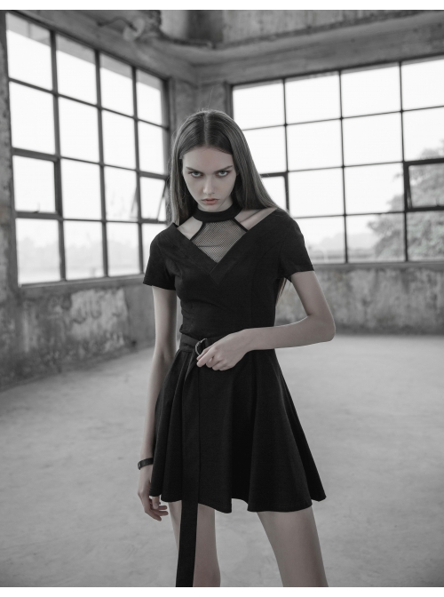 Gothic Female Casual Black Stitching V-neck High Waist Belt Dress