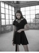 Gothic Female Casual Black Stitching V-neck High Waist Belt Dress