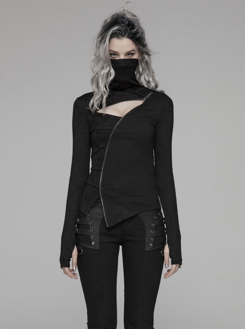 High Collar Front Chest Hollow-Out Irregular Pleats Splice Broken Holes Knit Long Sleeve Slit Hem Black Punk T-Shirt