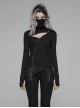 High Collar Front Chest Hollow-Out Irregular Pleats Splice Broken Holes Knit Long Sleeve Slit Hem Black Punk T-Shirt