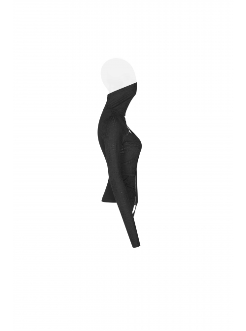 High Collar Front Chest Hollow-Out Irregular Pleats Splice Broken Holes Knit Long Sleeve Slit Hem Black Punk T-Shirt