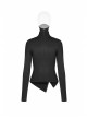 High Collar Front Chest Hollow-Out Irregular Pleats Splice Broken Holes Knit Long Sleeve Slit Hem Black Punk T-Shirt