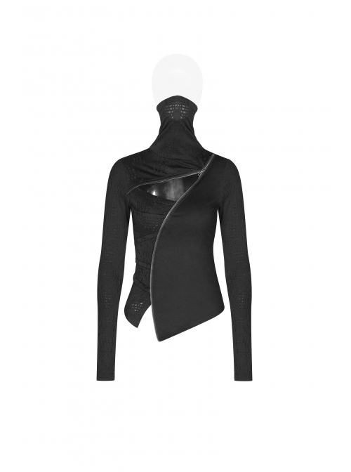 High Collar Front Chest Hollow-Out Irregular Pleats Splice Broken Holes Knit Long Sleeve Slit Hem Black Punk T-Shirt