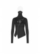 High Collar Front Chest Hollow-Out Irregular Pleats Splice Broken Holes Knit Long Sleeve Slit Hem Black Punk T-Shirt