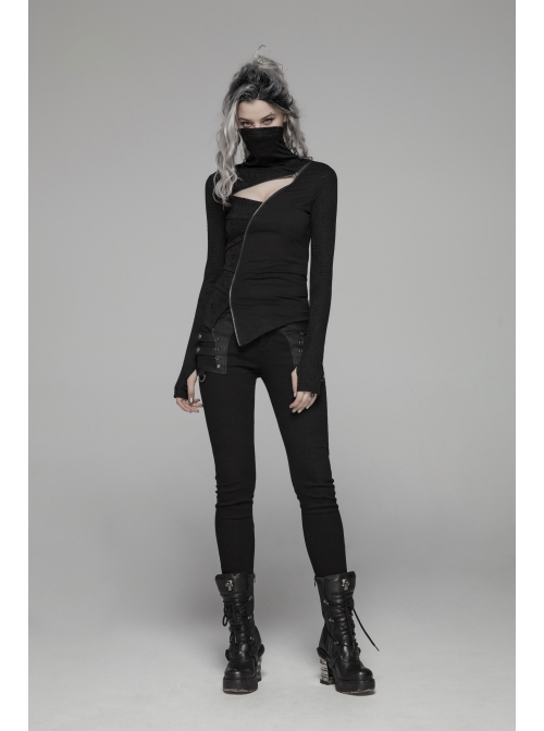 High Collar Front Chest Hollow-Out Irregular Pleats Splice Broken Holes Knit Long Sleeve Slit Hem Black Punk T-Shirt