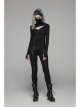 High Collar Front Chest Hollow-Out Irregular Pleats Splice Broken Holes Knit Long Sleeve Slit Hem Black Punk T-Shirt