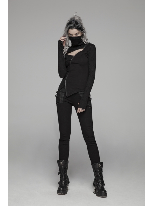 High Collar Front Chest Hollow-Out Irregular Pleats Splice Broken Holes Knit Long Sleeve Slit Hem Black Punk T-Shirt
