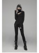 High Collar Front Chest Hollow-Out Irregular Pleats Splice Broken Holes Knit Long Sleeve Slit Hem Black Punk T-Shirt