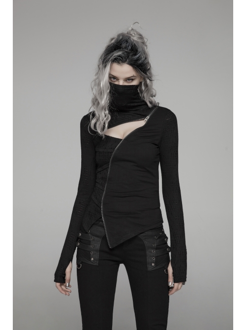 High Collar Front Chest Hollow-Out Irregular Pleats Splice Broken Holes Knit Long Sleeve Slit Hem Black Punk T-Shirt