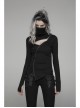 High Collar Front Chest Hollow-Out Irregular Pleats Splice Broken Holes Knit Long Sleeve Slit Hem Black Punk T-Shirt