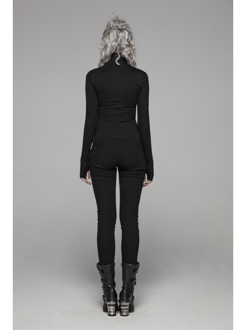 High Collar Front Chest Hollow-Out Irregular Pleats Splice Broken Holes Knit Long Sleeve Slit Hem Black Punk T-Shirt