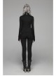 High Collar Front Chest Hollow-Out Irregular Pleats Splice Broken Holes Knit Long Sleeve Slit Hem Black Punk T-Shirt