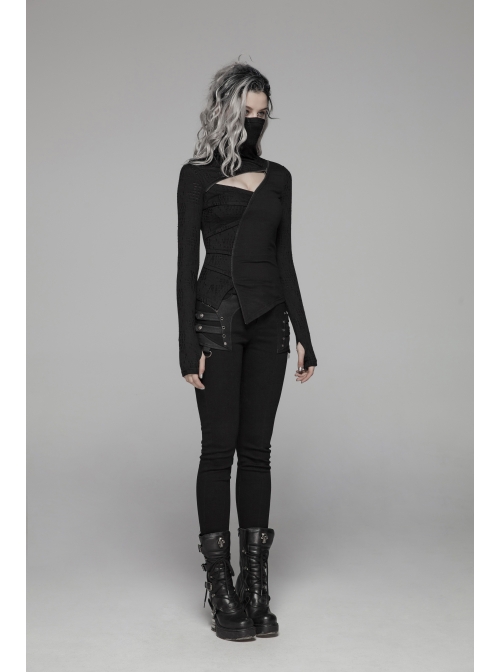 High Collar Front Chest Hollow-Out Irregular Pleats Splice Broken Holes Knit Long Sleeve Slit Hem Black Punk T-Shirt