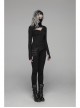 High Collar Front Chest Hollow-Out Irregular Pleats Splice Broken Holes Knit Long Sleeve Slit Hem Black Punk T-Shirt