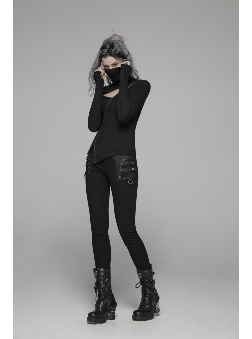 High Collar Front Chest Hollow-Out Irregular Pleats Splice Broken Holes Knit Long Sleeve Slit Hem Black Punk T-Shirt