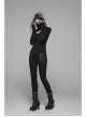 High Collar Front Chest Hollow-Out Irregular Pleats Splice Broken Holes Knit Long Sleeve Slit Hem Black Punk T-Shirt