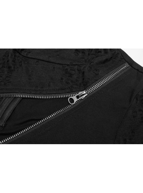 High Collar Front Chest Hollow-Out Irregular Pleats Splice Broken Holes Knit Long Sleeve Slit Hem Black Punk T-Shirt