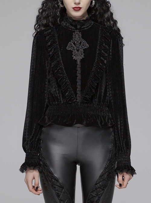 High Collar Front Chest Embroidery Lantern Sleeve Lace Cuff Frill Hem Black Gothic Dark-Grain Velvet Blouse