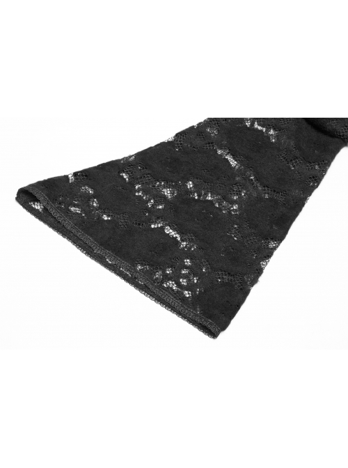 Lace-Up Collar Flare Sleeve Black Gothic Lace Perspective T-Shirt