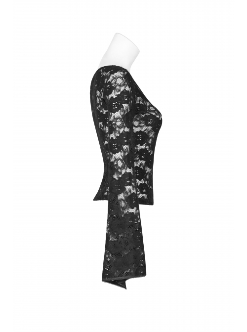 Lace-Up Collar Flare Sleeve Black Gothic Lace Perspective T-Shirt