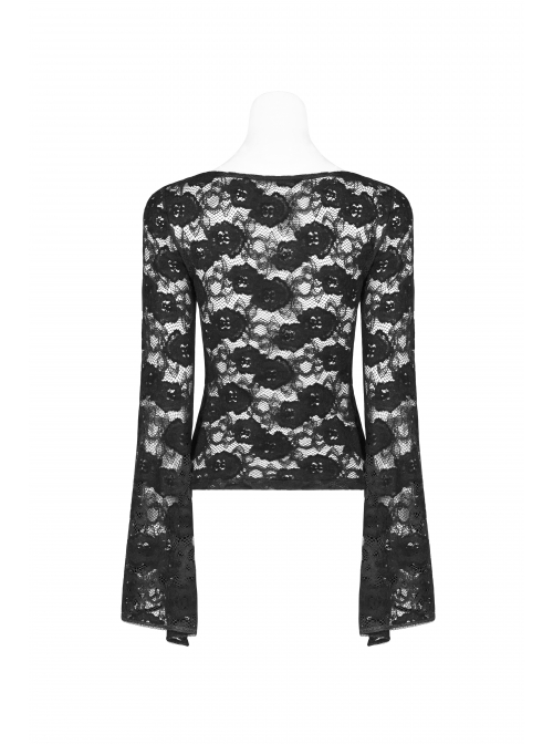 Lace-Up Collar Flare Sleeve Black Gothic Lace Perspective T-Shirt