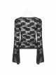 Lace-Up Collar Flare Sleeve Black Gothic Lace Perspective T-Shirt