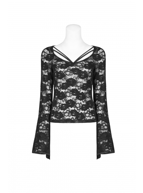 Lace-Up Collar Flare Sleeve Black Gothic Lace Perspective T-Shirt