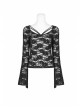 Lace-Up Collar Flare Sleeve Black Gothic Lace Perspective T-Shirt